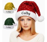 Fegiuly Chapeaux de Père Noël à paillettes personnalisés, bonnet de Noël doux et scintillant avec nom brodé pour adultes, cadeau pour petit ami, petite amie, Nouvel An, fête de vacances