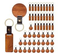 Fegtrtyoa 50pièces Porte-Clés en Bois Vierges avec Bande de Cuir, Porte-Clés en Bois Inachevé Ronds et Rectangulaires pour Cadeaux Artisanaux de Bricolage