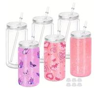 Fegtrtyoa Ensemble de 6 Bouteilles d'eau en Plastique Isolées à Double Paroi de 16 Oz, Comprend des Pailles et des Couvercles, Gobelets à Neige DIY avec Trous Pré-Percés A.
