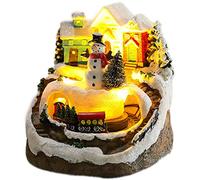 Fegtrtyoa Les Maisons de Village de NoëL DéFinissent des Figurines D'Affichage de Train Rotatif LED Allument la DéCoration Musicale de Vacances de NoëL Bonhomme de Neige