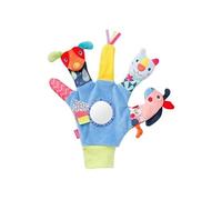 Fehn Gant de jeu Color Friends - Marionnettes à doigts chien, chat et cheval - Jouets sonores pour bébés dès 0+ mois - Gant de poupée avec hochet