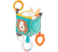 Fehn Cube d'activités Funky Friends - Jouet moteur pour bébé | Avec éléments de préhension et anneau C pour suspendre, 10 x 10 cm, dès 0 mois