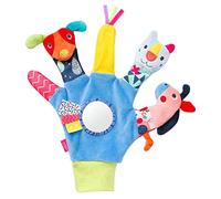 Fehn Gant de jeu Color Friends - Marionnettes à doigts chien, chat et cheval - Jouets sonores pour bébés dès 0+ mois - Gant de poupée avec hochet