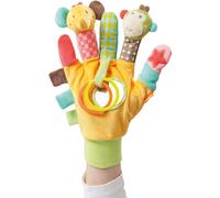 Fehn Gant de jeu Safari - Marionnettes à doigts Singe et Eléphant - Marionnettes pour enfants et bébés à partir de 0+ mois - Gant de poupée avec hochet et hochet
