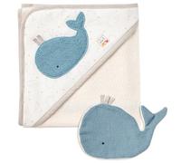 Fehn Set de Bain Baleine NATUR - Set de Serviette et Gant de Toilette en Coton Issu de l'agriculture Biologique - avec Motif Animalier pour Un Joyeux Bain - pour bébés et Enfants en Bas âge