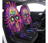 FeHuew Lot de 2 housses de siège de voiture motif tête de mort en sucre scintillant avec plumes - Accessoires d'intérieur de voiture universels - Compatibles avec la plupart des voitures, SUV,