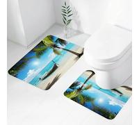 FEHWI Lot de 2 Tapis de Salle de Bain pour la Salle de Bain - Antidérapants et lavables - pour Douche, Baignoire,Plage Tropicale, Un Bateau amarré sur la Plage immaculée entourée de Palmiers et d'un