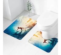 FEHWI Lot de 2 Tapis de Salle de Bain pour la Salle de Bain - Antidérapants et lavables - pour Douche, Baignoire,Vague, Vague Bleue barrée avec Un Jeune Surfeur Sports extrêmes Activité Amusante Haw