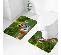 FEHWI Lot de 2 Tapis de Salle de Bain pour la Salle de Bain - Antidérapants et lavables - pour Douche, Baignoire,Tigre, Grand Chat rayé Noir de Sibérie nageant dans Un lac dans Une forêt décorative,
