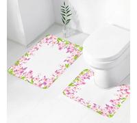FEHWI Lot de 2 Tapis de Salle de Bain pour la Salle de Bain - Antidérapants et lavables - pour Douche, Baignoire,Cadre de Fleurs Roses, Feuilles Vertes, Bordure Florale de délicates Fleurs Roses, ch