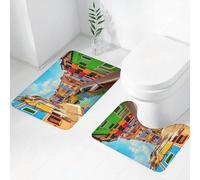 FEHWI Lot de 2 Tapis de Salle de Bain pour la Salle de Bain - Antidérapants et lavables - pour Douche, Baignoire,Venise, bâtiments colorés et Canal d'eau avec des Bateaux île de Burano dans la lagun