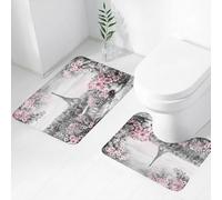 FEHWI Lot de 2 Tapis de Salle de Bain pour la Salle de Bain - Antidérapants et lavables - pour Douche, Baignoire,Paysage Parisien, Tour Eiffel Monochrome, entourée d'un Grand Nombre de Fleurs Roses
