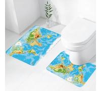 FEHWI Lot de 2 Tapis de Salle de Bain pour la Salle de Bain - Antidérapants et lavables - pour Douche, Baignoire,Carte topographique du Monde, Carte continentale et océanique, aperçu Global des Pays