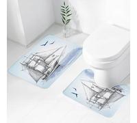 FEHWI Lot de 2 Tapis de Salle de Bain pour la Salle de Bain - Antidérapants et lavables - pour Douche, Baignoire,Croquis rétro d'un voilier Glissant sur l'eau, mouettes Volant
