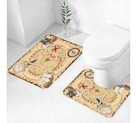 FEHWI Lot de 2 Tapis de Salle de Bain pour la Salle de Bain - Antidérapants et lavables - pour Douche, Baignoire,Diagramme de trésor Vintage, Jeu de société à thème avec éléments Nautiques et Point