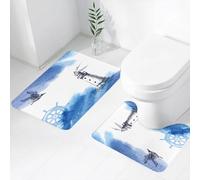 FEHWI Lot de 2 Tapis de Salle de Bain pour la Salle de Bain - Antidérapants et lavables - pour Douche, Baignoire,Illustration à l'aquarelle d'un Phare dans Une mer Bleue orageuse avec des Vagues déf