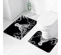 FEHWI Lot de 2 Tapis de Salle de Bain pour la Salle de Bain - Antidérapants et lavables - pour Douche, Baignoire,Le Rendu Noir et Blanc Exquis de la Pieuvre Montre Les détails complexes de Ses tenta