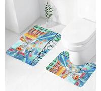 FEHWI Lot de 2 Tapis de Salle de Bain pour la Salle de Bain - Antidérapants et lavables - pour Douche, Baignoire,Croquis de Paysage coloré de Venise du Pont des Soupirs à Venise Scène Artistique