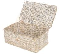 FEIALNDUO Paniers de rangement rectangulaires en osier avec couvercle, en jonc de mer tissé à la main pour étagères, bureau, maison (blanchi, taille S)