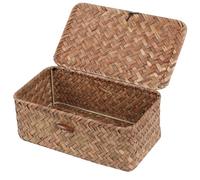 FEIALNDUO Paniers de rangement rectangulaires en osier avec couvercle, en jonc de mer tissé à la main pour étagères, bureau, maison (Coffee, X-Small)