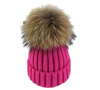 feifanshop - Bonnet à pompon - En fourrure de raton laveur - Tricoté - Pour femmes - Pour l'hiver, rose, taille unique