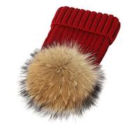 feifanshop Bonnet chaud avec pompon en fourrure véritable - Écharpe en fourrure de raton laveur - Pompon en fourrure de ski, rouge bordeaux, taille unique