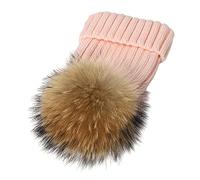 feifanshop Bonnet d'hiver en fourrure véritable raton laveur fourrure pompon en tricot pour femme, Rose, taille unique