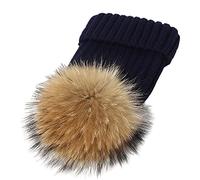 feifanshop Bonnet en tricot au crochet pour femme - Double couche - Bonnet d'hiver en tricot côtelé avec pompon en fausse fourrure - Bleu marine
