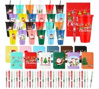 Feifeiya Lot de 72 gobelets en plastique réutilisables de 72 pièces avec couvercles et pailles, cadeaux de Noël - Gobelets en plastique réutilisables pour fêtes de Noël - Cadeaux de Noël