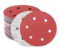 FEIHU Disques de Ponçage Papier Abrasifs Ø 225 mm | Grain 5 x P40/60/100/120/180/240 | 6 trous en rouge | Papier de verre pour cloison sèche,ponceuses à long cou.Jeu de 30 Disques