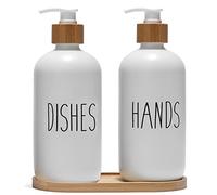 FEILANDUO Lot de 2 Distributeurs de Savon en Verre pour évier de Cuisine,Distributeur de Savon pour Salle de Bain avec Pompe en Bambou et Porte-Savon,décoration d'intérieur de Ferme (Blanc)