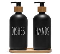FEILANDUO Lot de 2 Distributeurs de Savon en Verre pour évier de Cuisine, Distributeur de Savon pour Salle de Bain avec Pompe en Bambou et Porte-Savon, décoration d'intérieur de Ferme (Noir)
