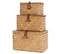 FEILANDUO Lot de 3 petites boîtes tissées à la main en jonc de mer avec couvercle pour bureau et maquillage Boîte multifonction (Naturel, (Small) S/M/L)