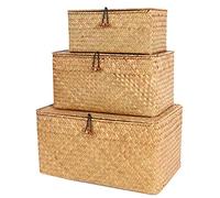 FEILANDUO Lot de 3 petites boîtes tissées à la main en jonc de mer avec couvercle pour bureau et maquillage Boîte multifonction (Naturel, (Large) S/M/L)