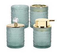 FEILANDUO Lot de 4 accessoires de salle de bain en verre, décoration de salle de bain, distributeur de savon, support de brosse à dents, bocal d'apothicaire, cadeau pour la maison et l'appartement