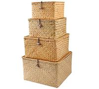 FEILANDUO Lot de 4 paniers de rangement en osier avec couvercles - Paniers tissés en jonc de mer pour étagères - Boîtes de rangement empilables pour organiser les bacs en rotin (naturel)