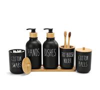 FEILANDUO Lot de 6 accessoires de salle de bain en plastique avec plateau de coiffeuse, distributeur de savon, porte-brosse à dents Qtip et couvercles en bambou en coton, style bohème, décoration