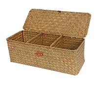 FEILANDUO Petit panier de rangement rectangulaire en jonc de mer à 3 sections avec couvercle tissé à la main en osier pour organisation de bureau (3 sections naturelles avec couvercle)