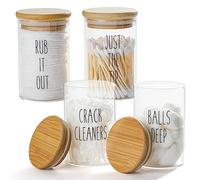 FEILANDUO Qtip Lot de 4 distributeurs avec couvercles en bambou, pot d'apothicaire en verre pour boules de coton cotons-tiges fil dentaire, accessoires de salle de bain avec plateau organisateur 280ml