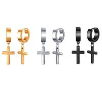 Feilok Lot de 2/3 paires de boucles d'oreilles créoles pour homme et femme - En acier inoxydable - Boucles d'oreilles Huggie - Boucles d'oreilles à charnière en forme de croix, Acier inoxydable