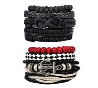 Feilok Lot de 4/8 bracelets en cuir pour homme - Bracelet en cuir - Infini - Ancre infini - Pour femme - Tressé - Longueur élastique - Bracelet de perles en bois réglable, 17 cm, Cuir