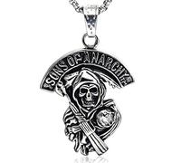Feilok « Sons of Anarchy » - Collier avec pendentif en acier inoxydable motif tête de mort avec arme à feu, couleur argentée