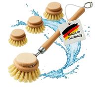 FEINHOLZ Brosse Vaisselle Bois avec 3 Têtes de Rechange (Set de 4) - Brosse à Vaisselle Écologique et Naturelle - Brosse Cuisine Zéro Déchet en Hêtre