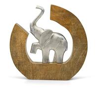 FeinKnick Sculpture d'éléphant « Le Cours de la Vie » - Éléphant décoratif | Fait à la Main en Aluminium dans Bois de manguier - Décoration argentée en métal comme Figure déco Modern