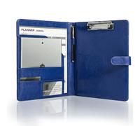 FeinKulturia Porte-bloc A4 en cuir synthétique magnétique pliable avec couvercle, porte-stylo et compartiments à documents, pour conférences et rangement, bleu foncé