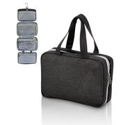 FeinKulturia Trousse de toilette pliable avec crochet en métal - Trousse de toilette à suspendre - Étanche et légère - Avec anse - Séparation sèche et humide - Noir