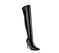 Feinlina Bottes Sexy en Cuir Verni Noir - Bottes Hautes Femme, Tige au-dessus du Genou, Talon Aiguille 10 cm, Pointu, EU 37