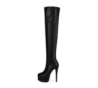 Feinlina Mode Femmes au-dessus du genou Stiletto Plateforme Talon Bottes Nuit Sexy Cuir Noir Cuisse Hautes Bottes, Noir , 38 EU