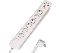 FeinTech MD000633 Multiprise avec USB et fiche plate, 6 prises avec interrupteur, parasurtenseur et câble de 3 m