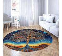 FEIPUHOME Art Abstrait Arbre de Vie Rond Tapis mystérieux et rêveur Ciel étoilé Impressions Lavable Doux Tapis pour Salon Chambre antidérapant à Poils Ras 160x160cm